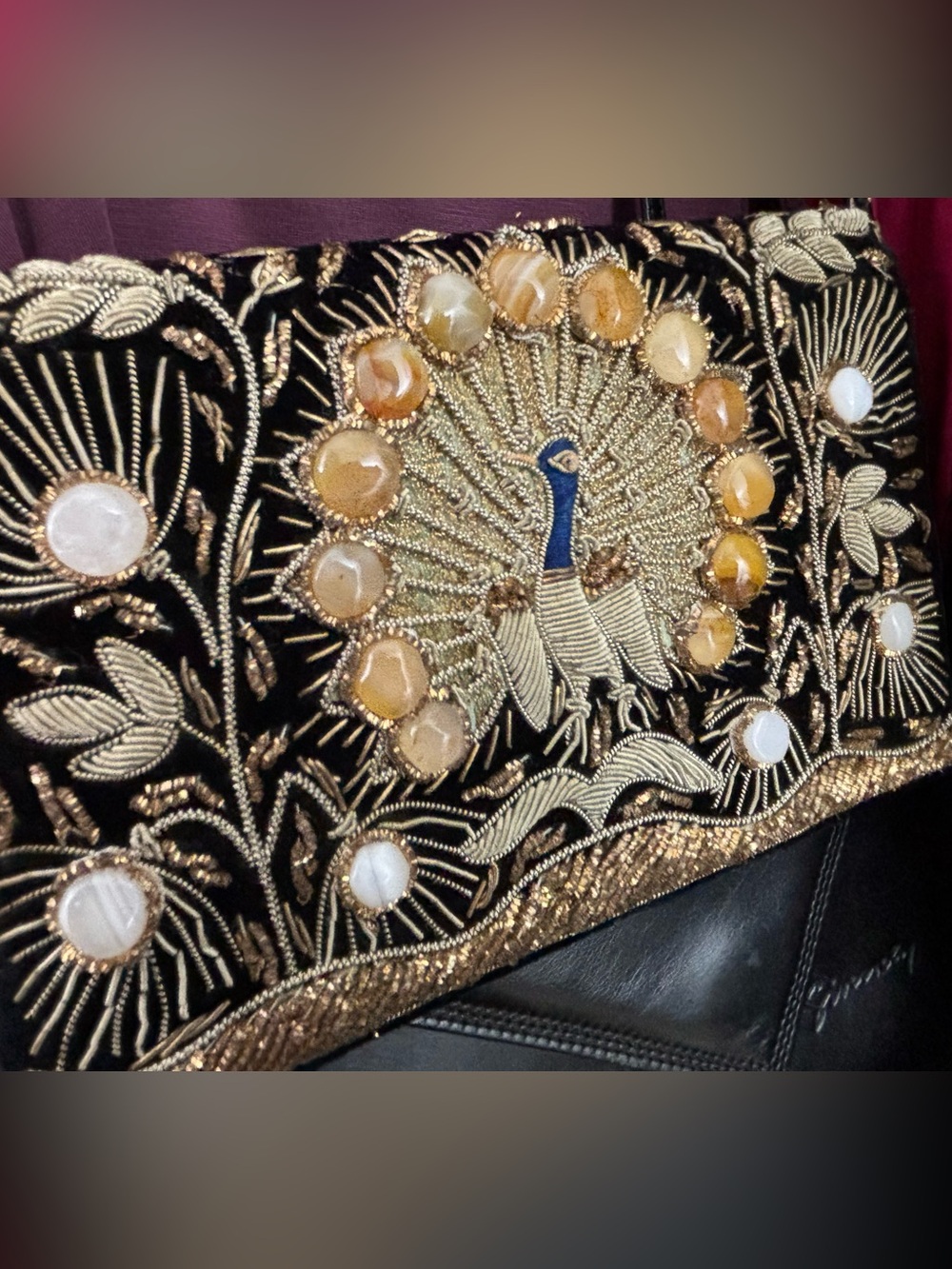 Embroidered Black Velvet Peacock Shoulder Bag/Clutch w/Accent Stones, VGUC
